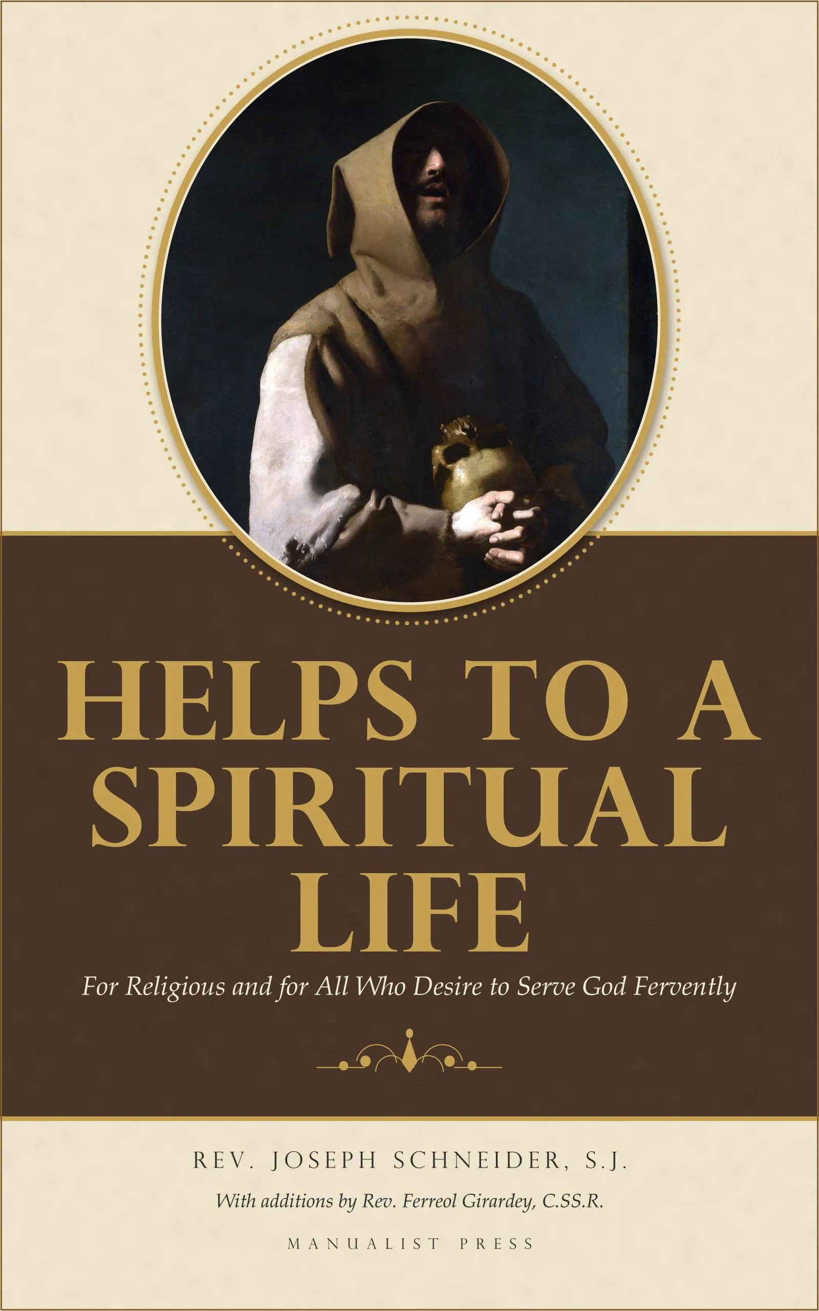 Brown and cream cover of Helps to a Spiritual Life, showing a hooded religious in prayer