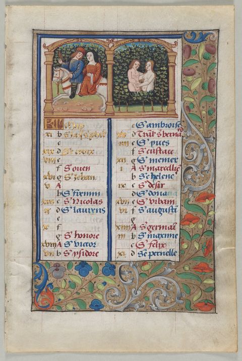 Calendar page for May, leaf from a book of hours, illumination