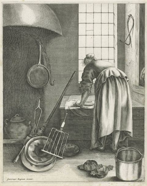 Woman Scouring Pans, engraving by Geertruydt Roghman