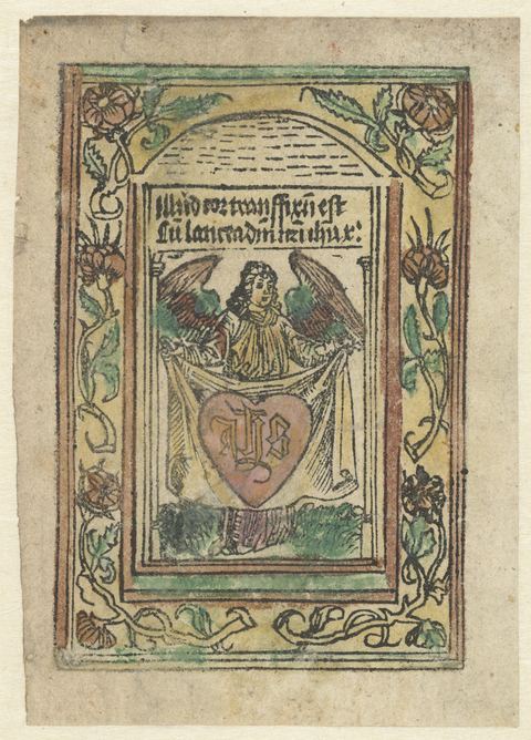 An angel holding the Sacred Heart, hand-coloured woodcut