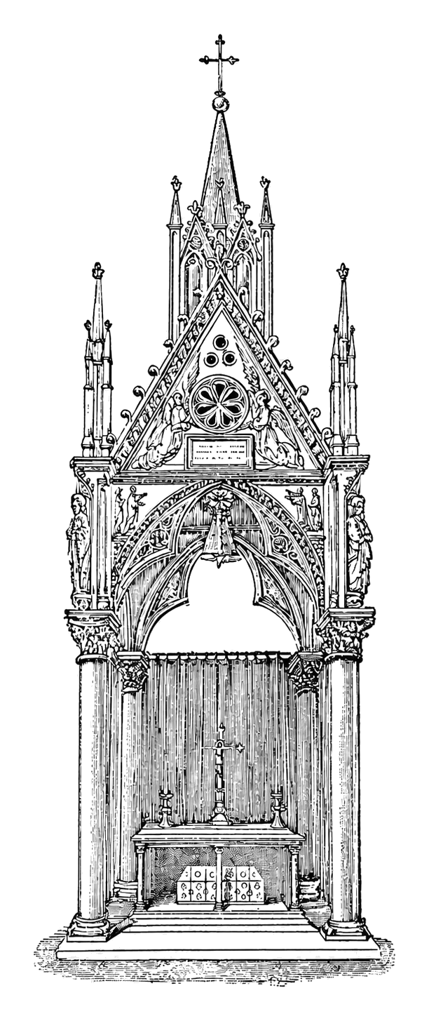 Ciborium.—Formerly above altars was raised a canopy held up by columns. In the middle were hung doves of gold or silver, in which the Host was laid.—See page 12.
