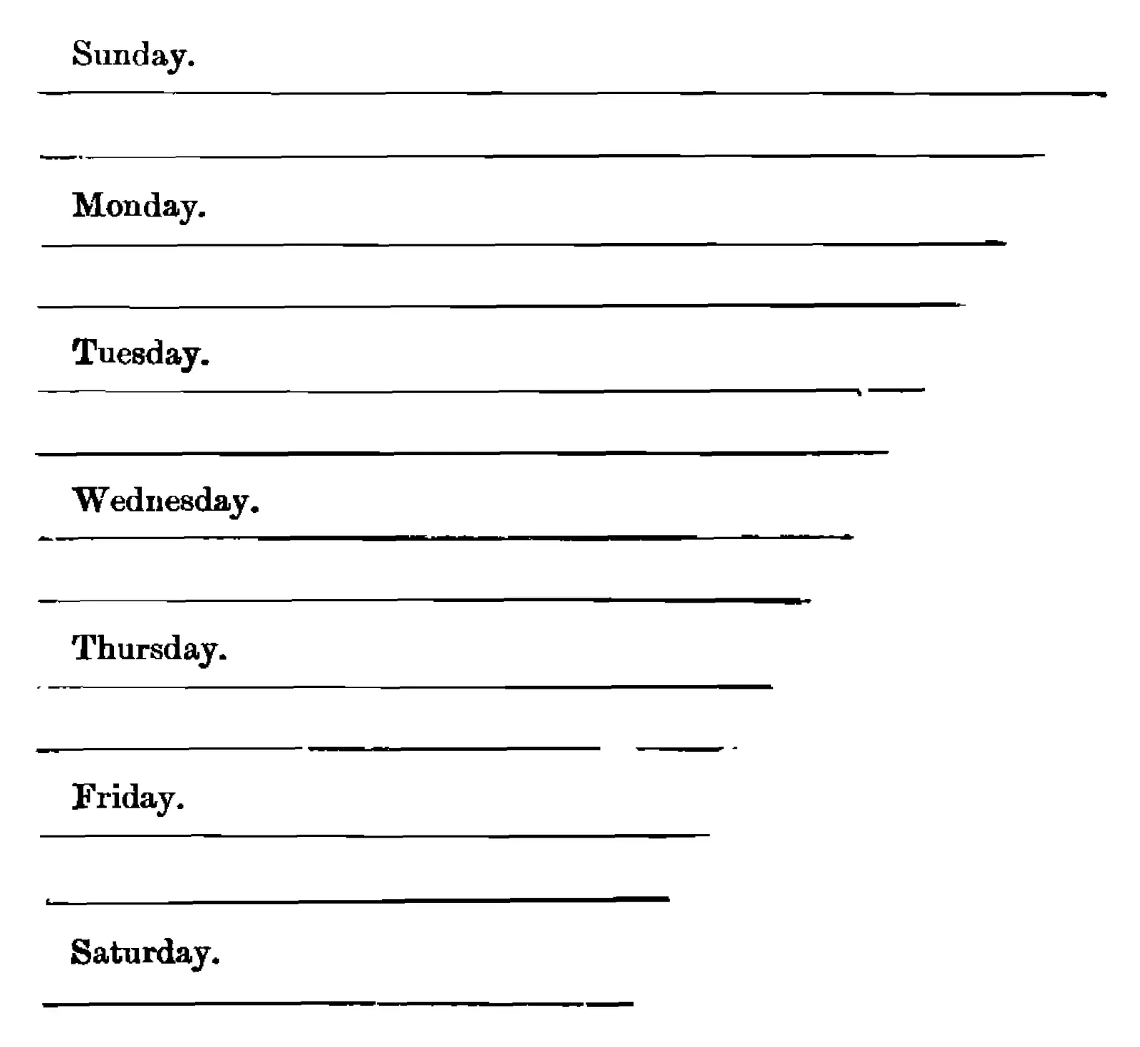 Figure: the days Sunday to Saturday, each with two lines for the noon and evening examens; the lines grow shorter day by day as faults diminish.