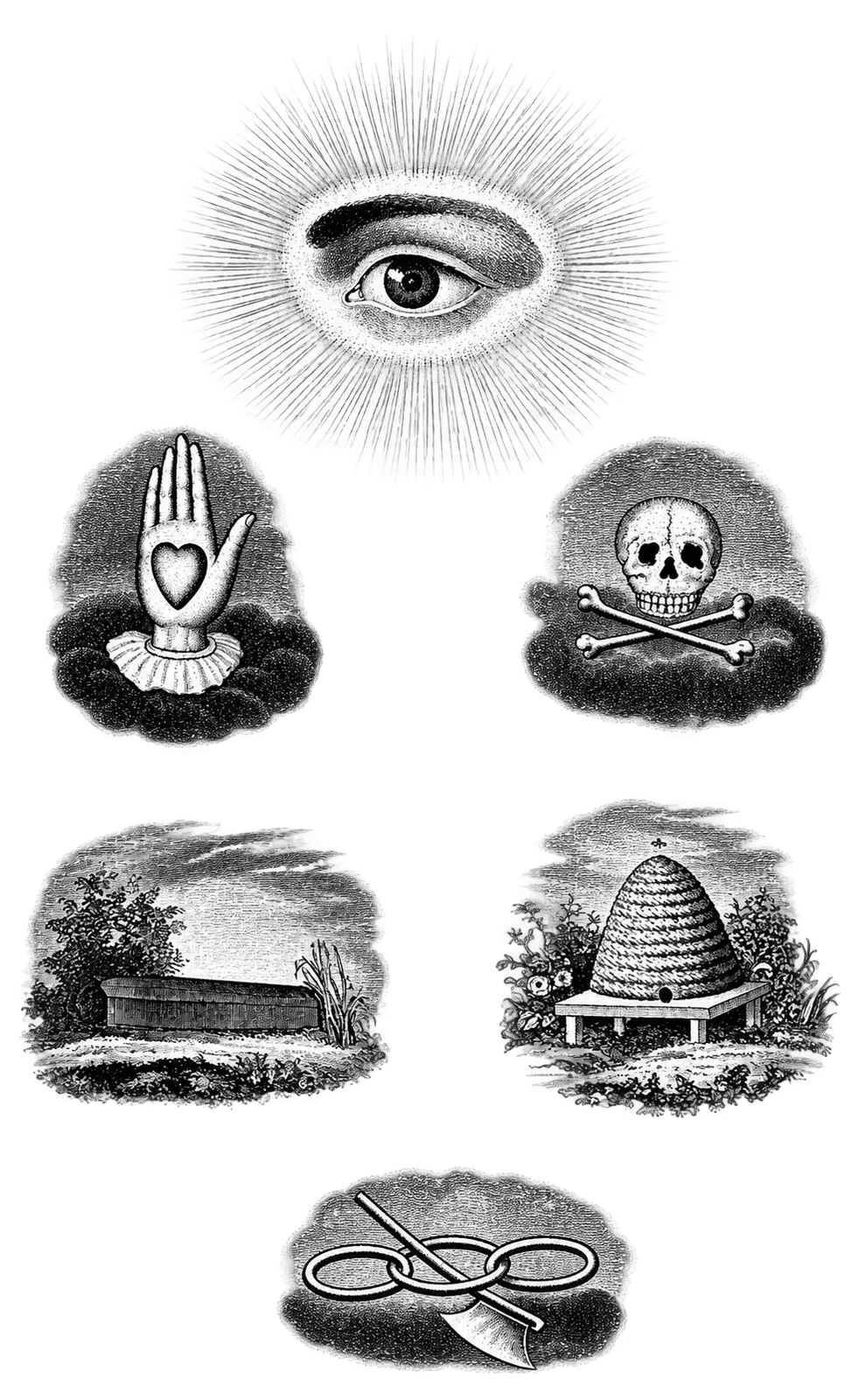 Figure: The Eye, Heart and Hand, Coffin, Skull and Cross-Bones, Bee-Hive, and Links and Axe.