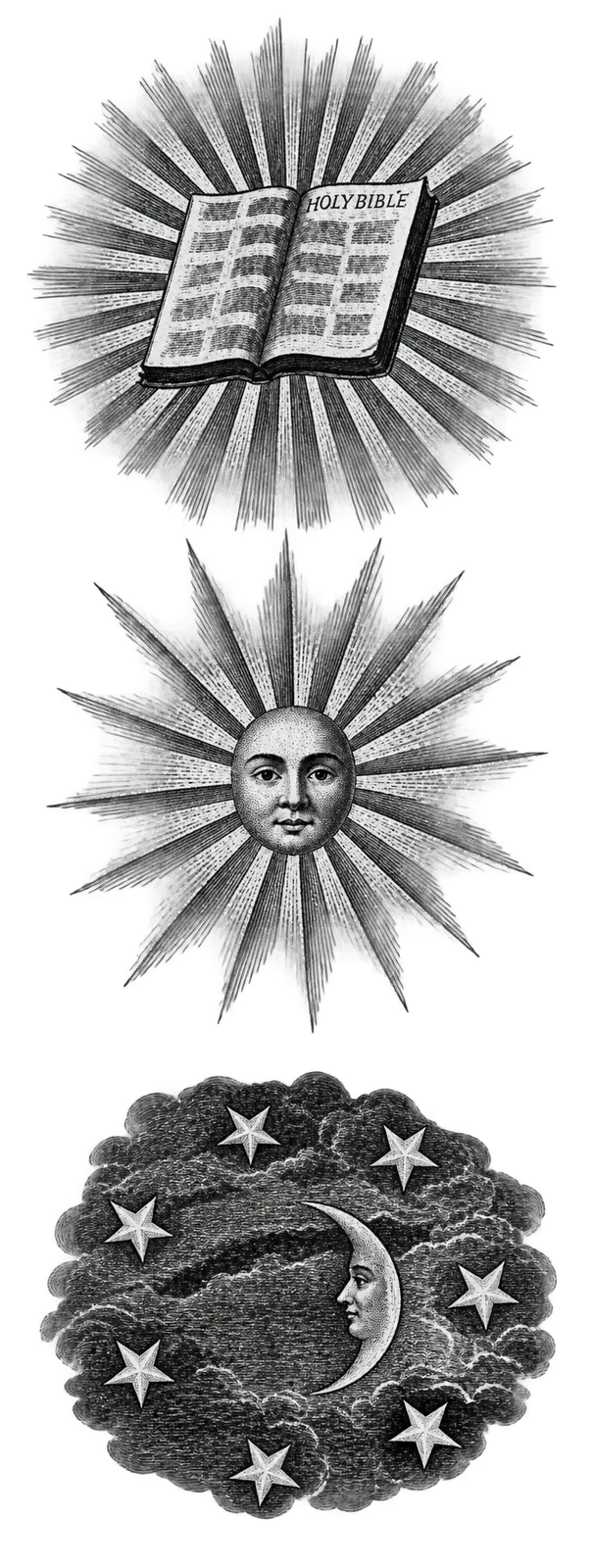 Figure: Open Bible, sun, moon, and seven stars.