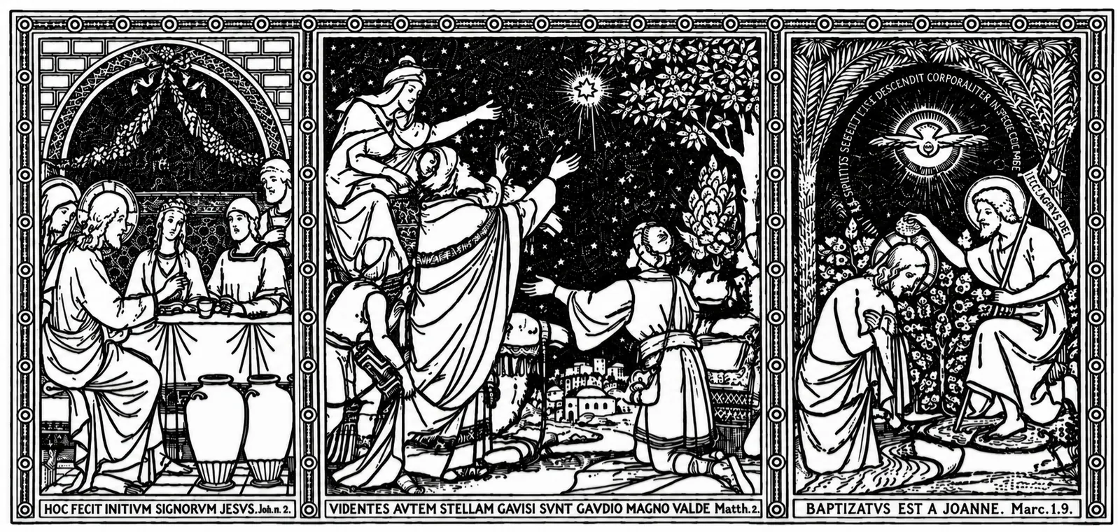 Illustration: three Gospel scenes: the wedding at Cana, the Magi and the star, and the Baptism in the Jordan.