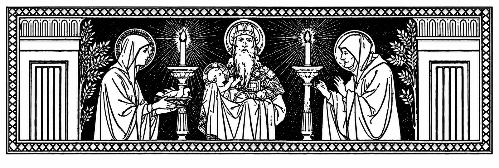 Illustration: the Child Jesus between Mary and Joseph at an altar.