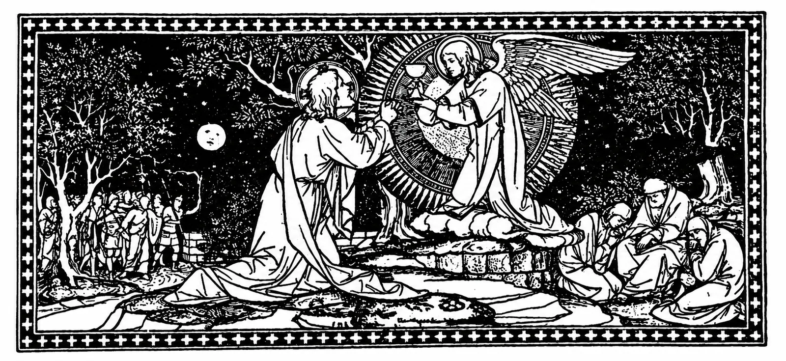 Illustration: an angel strengthening Christ in the garden while the disciples sleep.
