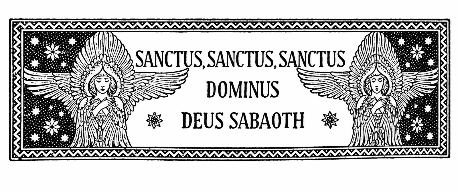 Decorative illustration: “SANCTUS, SANCTUS, SANCTUS DOMINUS DEUS SABAOTH.”