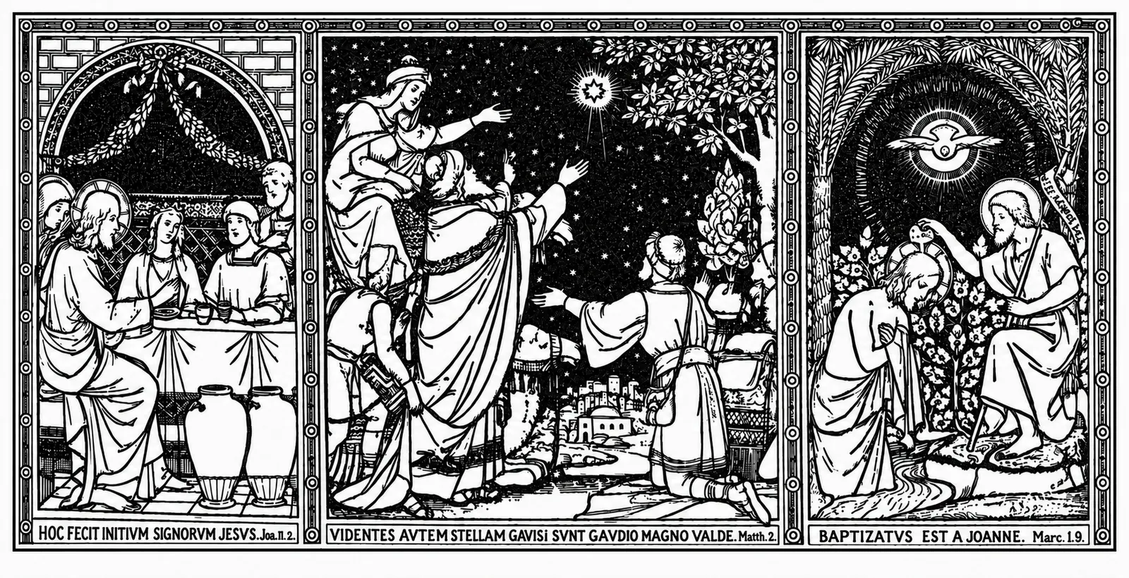 Decorative illustration of scenes from the life of Christ.