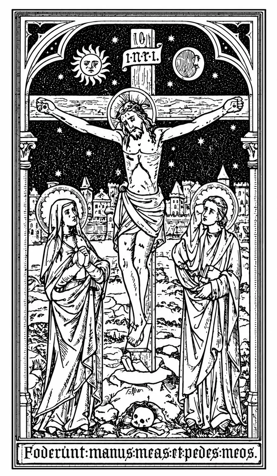 Illustration: the Crucifixion, with the inscription “Foderunt manus meas et pedes meos.”