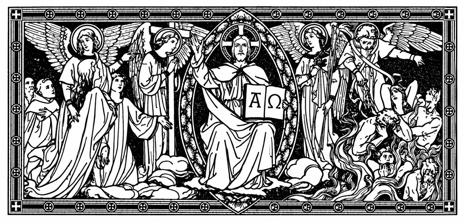 Illustration: Christ in judgment, enthroned between angels and the blessed and damned, holding a book marked “Α Ω.”
