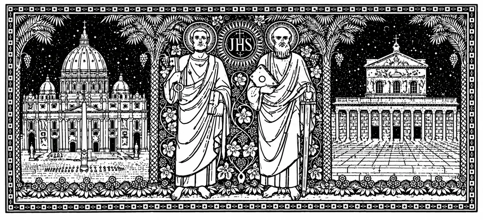Illustration: Saints Peter and Paul between St. Peter’s Basilica and a church, beneath the monogram “IHS.”