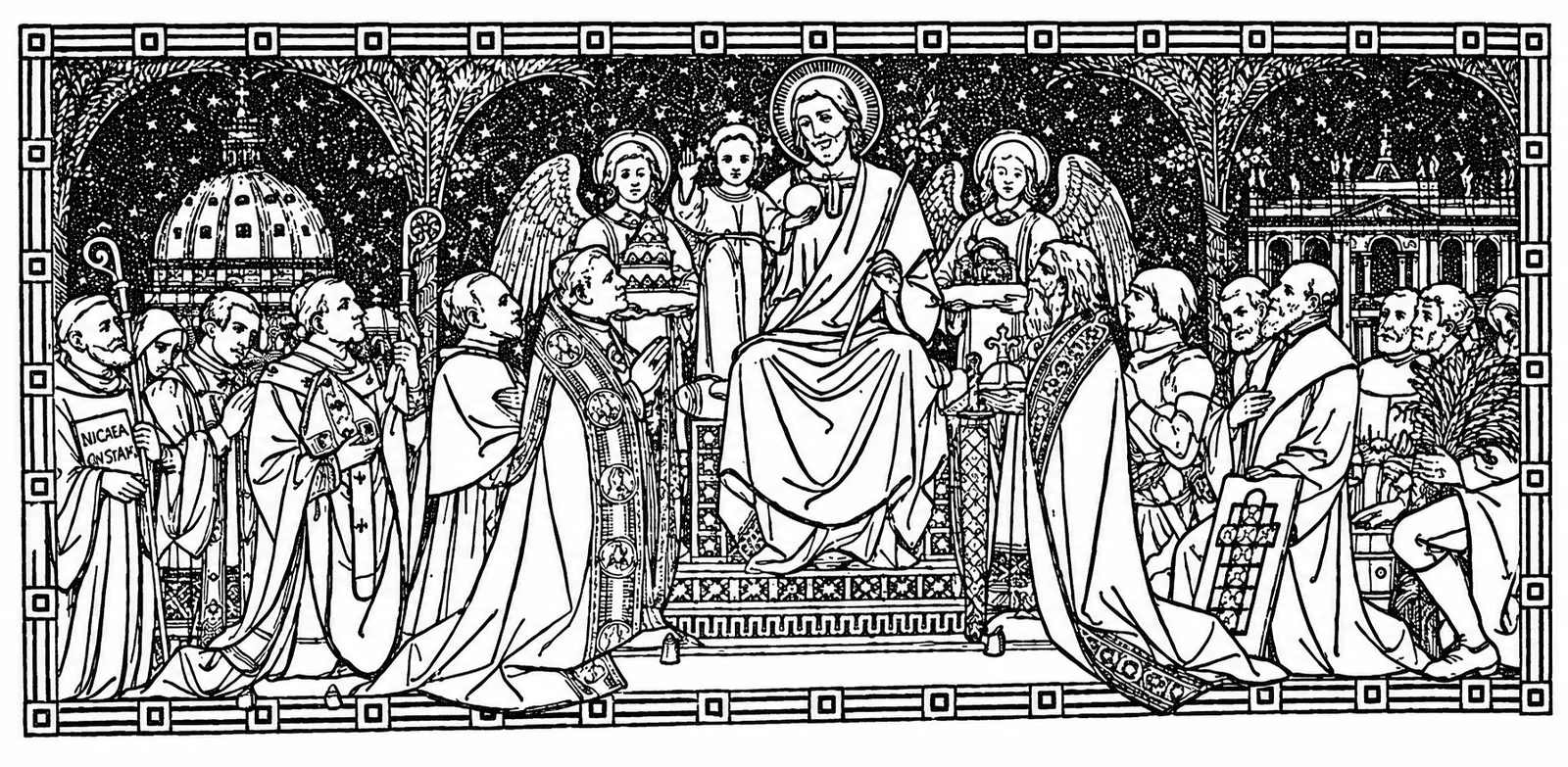 Illustration: Christ enthroned among angels, bishops, rulers and peoples.